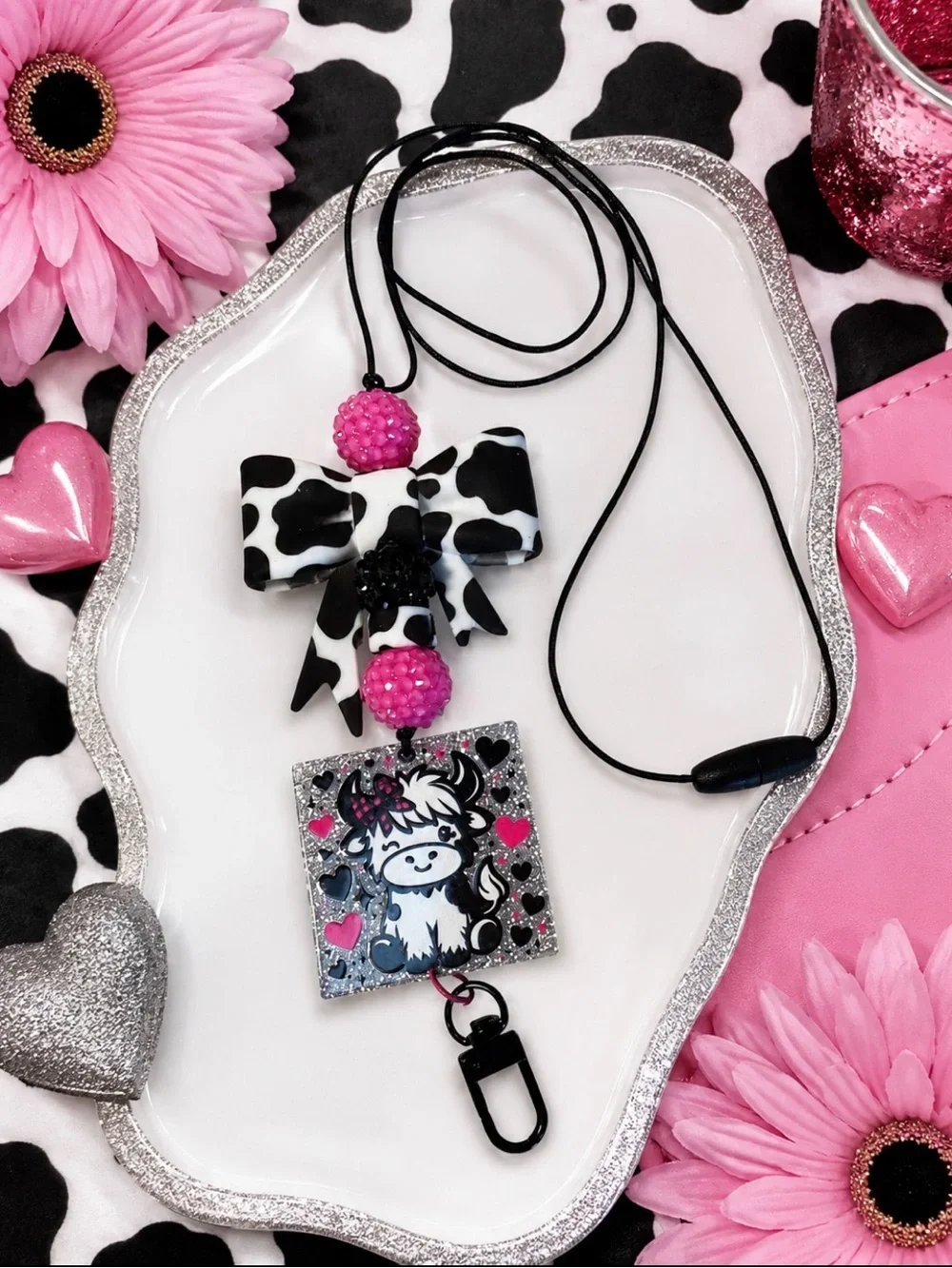 Hand Crafted Cow-Print Bow Lanyard with Pink Beads